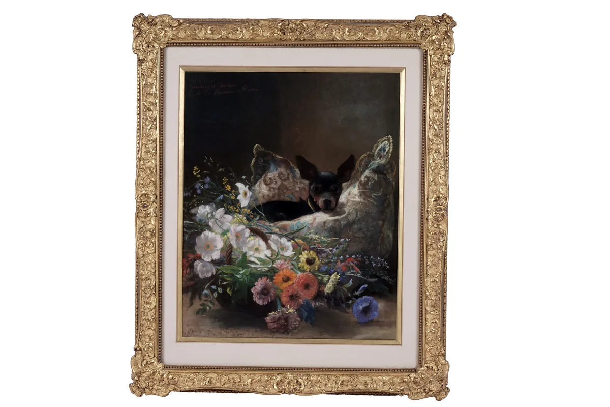 Bernard Pegot, A black and tan chihuahua snuggles next to a basket of herbaceous flowers, pastel on paper