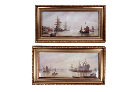 Bernard Benedict Hemy, Two Tyne shipping views, oil on board