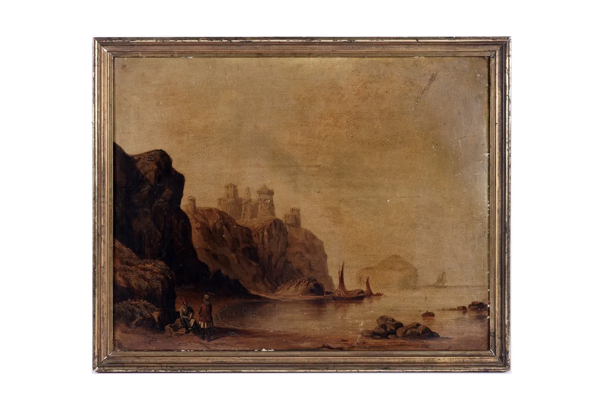 H. Muir, Clifftop castle with fishermen, oil on board