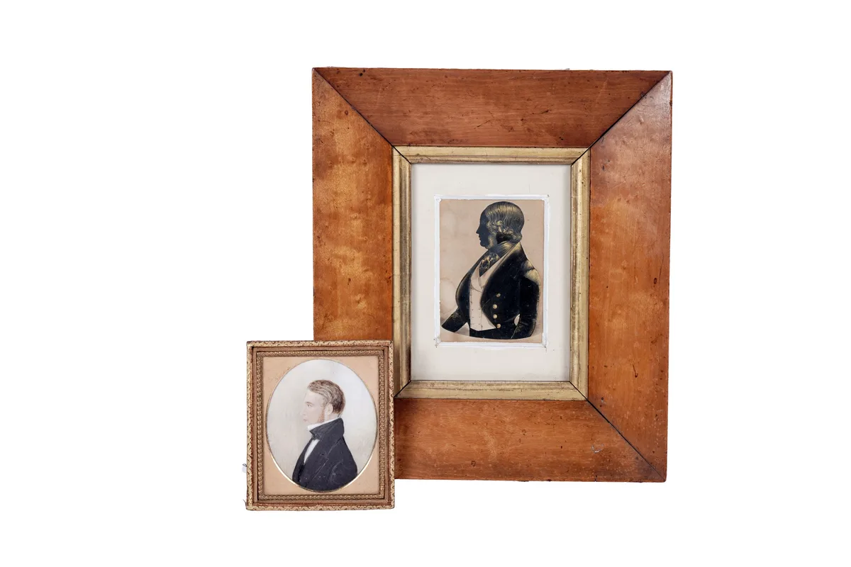 19th Century, Silhouette and portrait miniature of a gentleman, cut paper, gouache, and gilt
