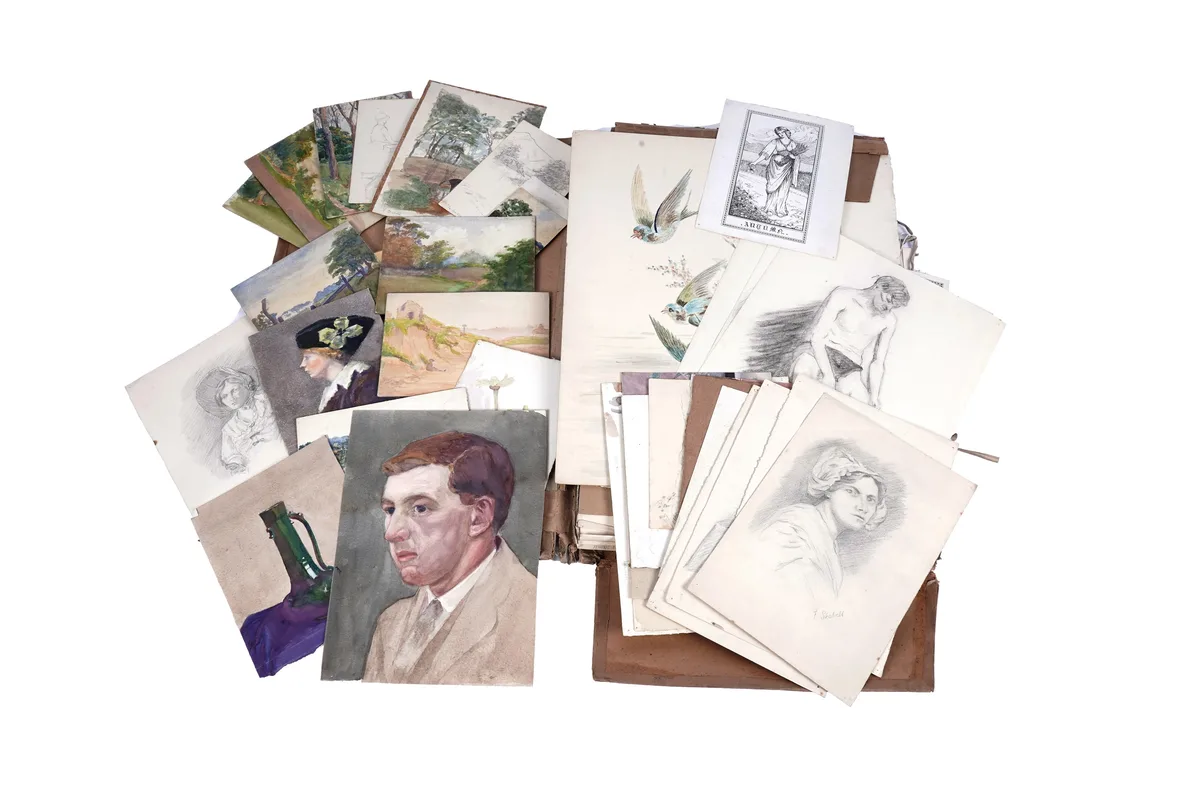 F. Stabell, Portfolio of artworks, A folio of watercolour studies, life drawings and more