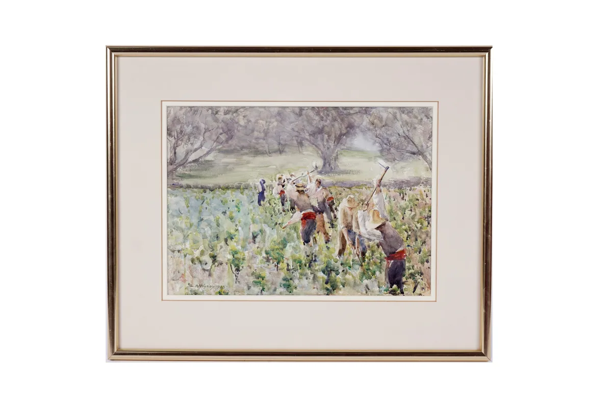 Sophie Atkinson, Workers harvesting crops, watercolour