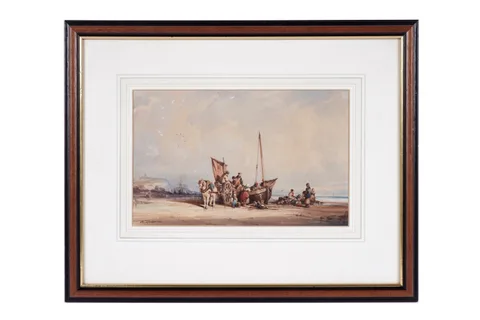 Auguste Delacroix, Seascape with figures gathered around a sailboat, watercolour