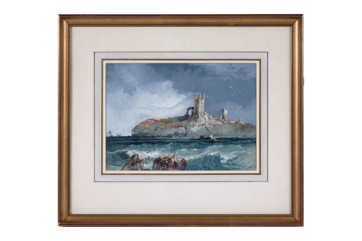 James Webb, Dunstanburgh Castle, watercolour and gouache