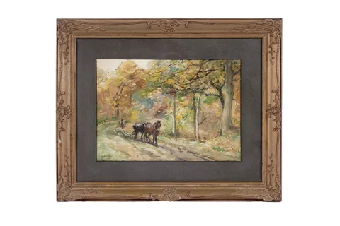 John Atkinson, Horse logging, Autumn, watercolour