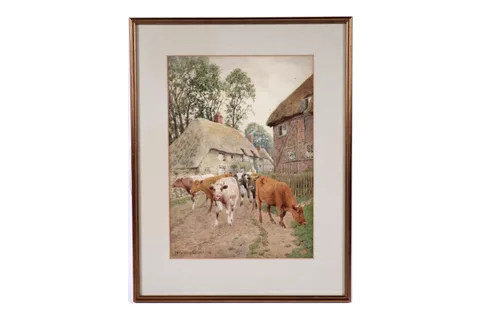 William Sidney Cooper, Cattle walking through a village, watercolour