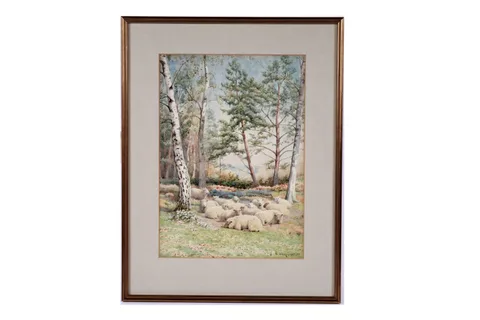 William Sidney Cooper, A flock of sheep in the shade, watercolour