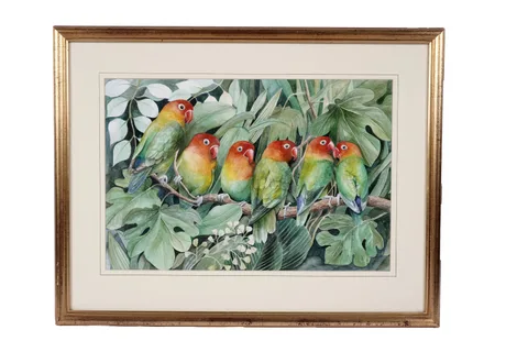 Daphne Harrison, A Flock of Lovebirds, watercolour