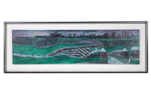 Tom McGuinness, Northern mining town, overcast, oil on canvas applied to board