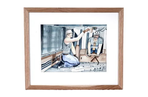 Ron Gribbons, Fixing the Belt, watercolour and ink