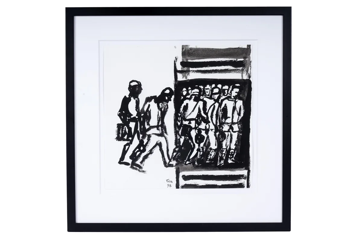 Tisa Hess, Entering the mine shaft elevator, ink on paper