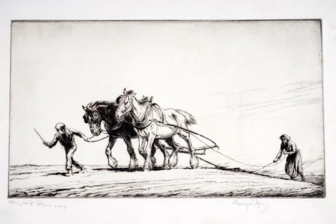 George Soper, Horses ploughing, pencil signed with dedication to the margin
