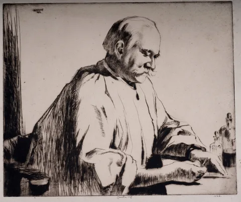 Ernest Stephen Lumsden, Portrait of a printmaker, possibly William Palmer Robins, etching