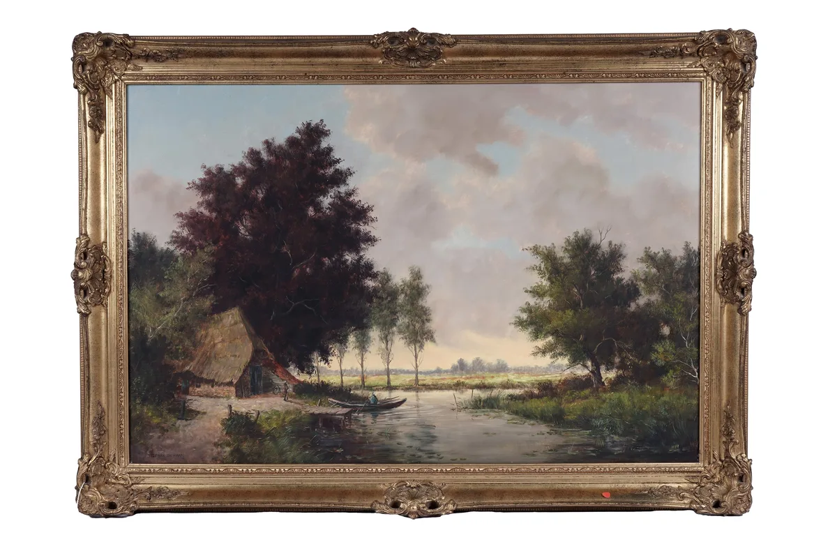 Stephan de Haan, Dutch landscape view with thatched cottage, oil on canvas