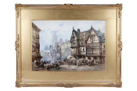 Paul Marny, Bustling street view in a Flemish town, watercolour