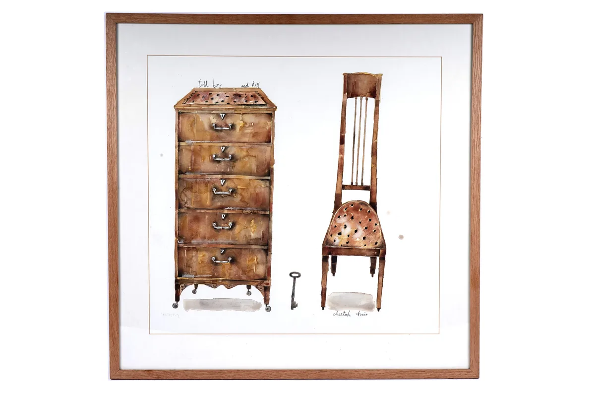 Janice Gray, Tall boy and Key, Cheetah Chair, watercolour