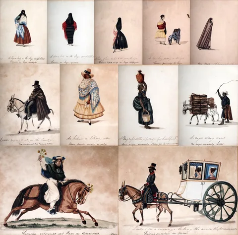 Early 19th Century British School, Ten studies in the costume and customs of Peru, watercolour