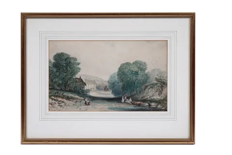 William Smith, British countryside landscape with figures, watercolour and gouache