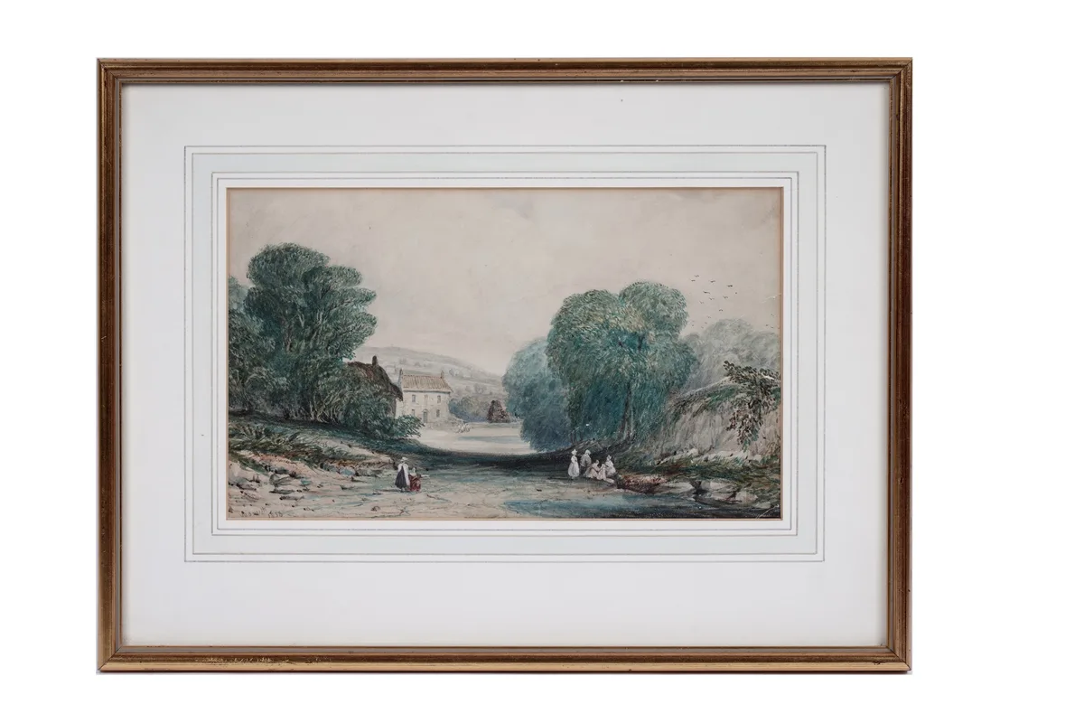 William Smith, British countryside landscape with figures, watercolour and gouache