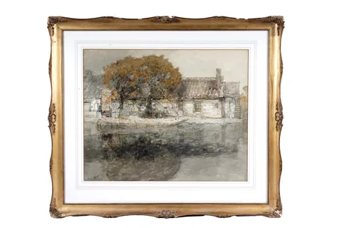 George Edward Horton, Autumnal dock yard scene, watercolour wash and graphite