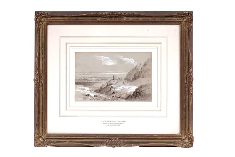 James Wilson Carmichael, Firth of Forth, Edinburgh and Inch Keith Island, pencil drawing and sepia wash