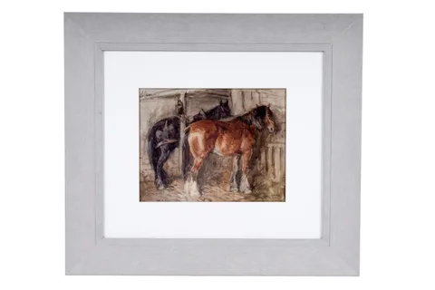 John Atkinson, Two Shire Horses in a stable, watercolour