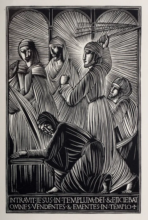 Eric Gill, Christ and the Money-Changers, wood engraving