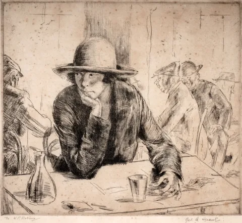 James Ardern Grant, Woman in a café, pencil signed to the margin