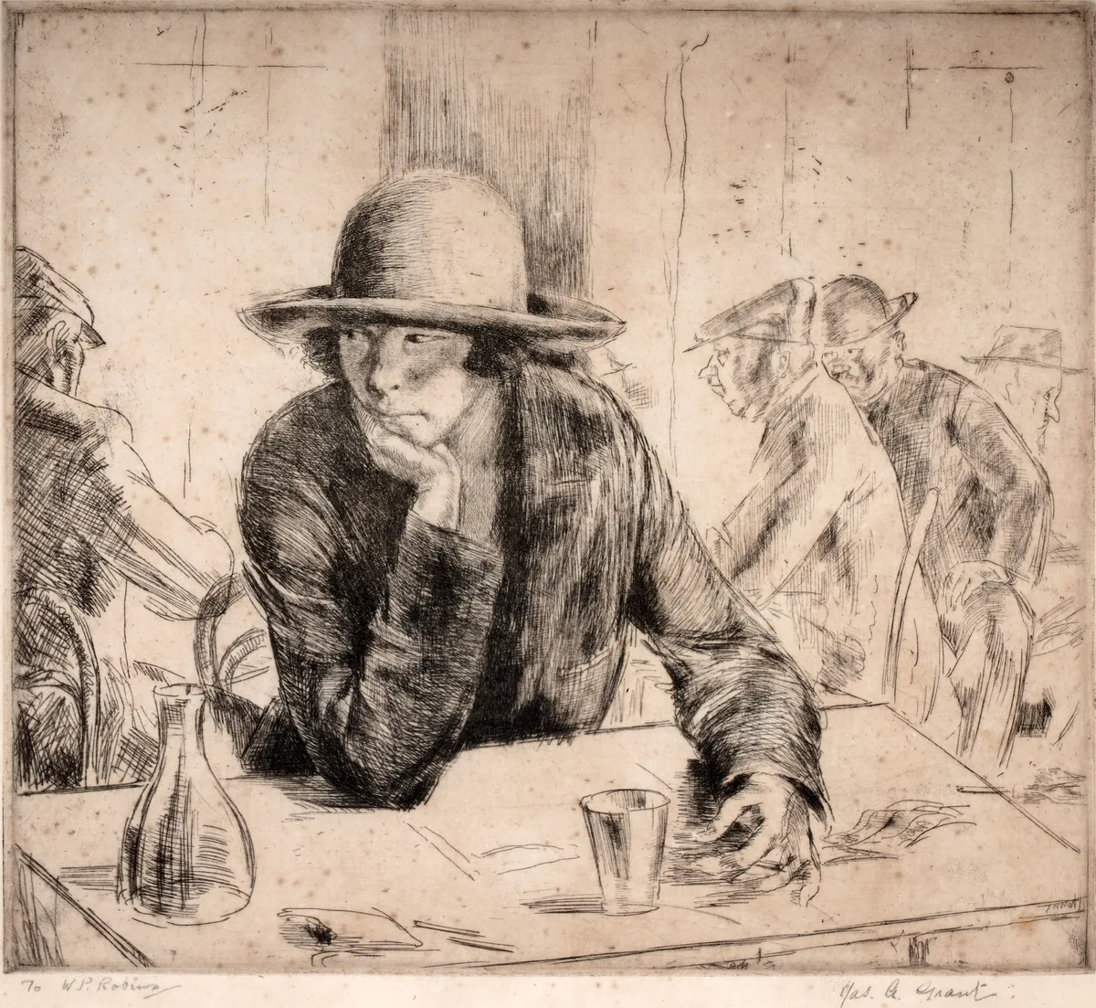 James Ardern Grant, Woman in a café, pencil signed to the margin