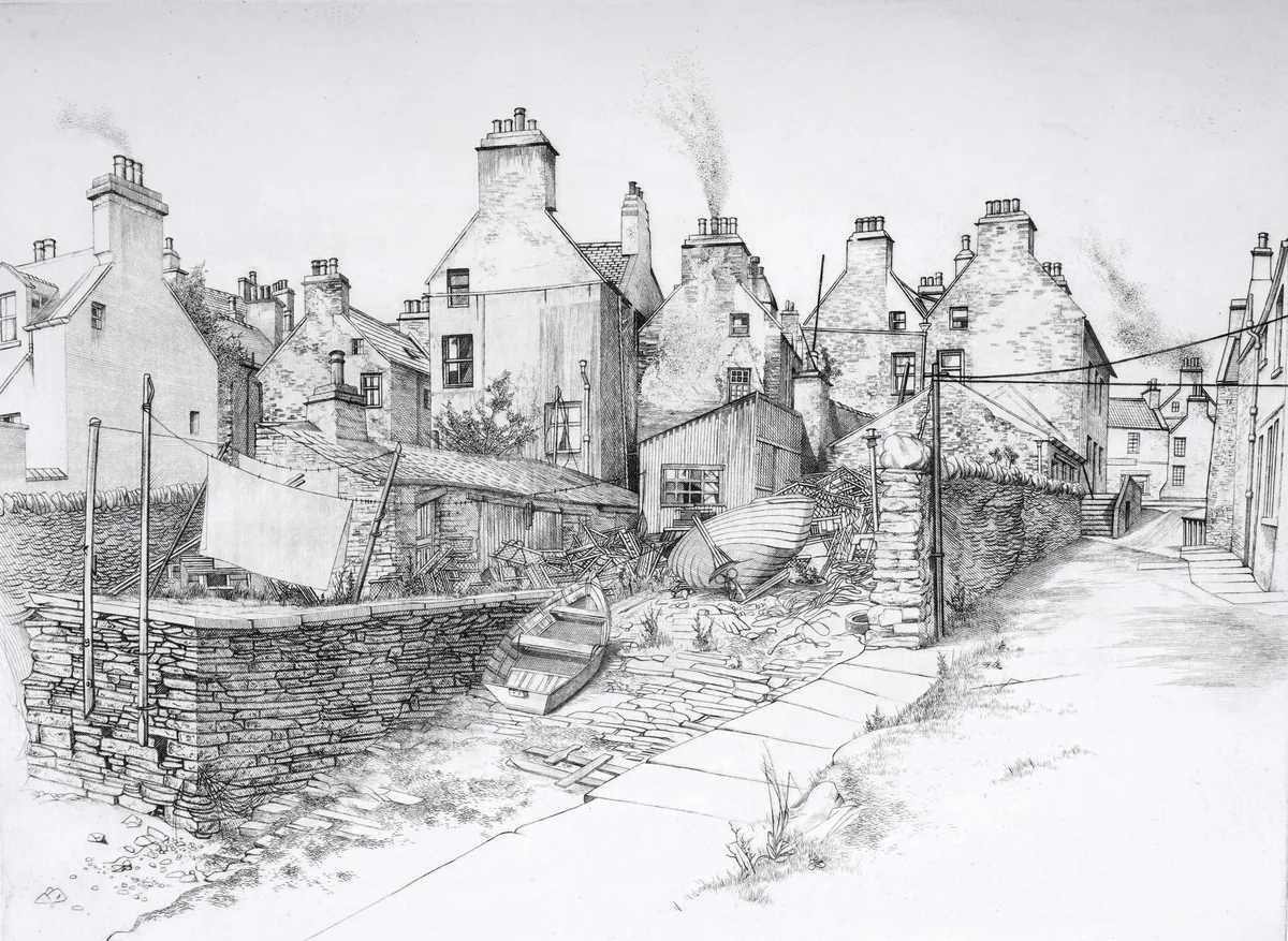 Freddy Theys, Waterfront from Copland's Pier, Stromness, pencil signed and titled to the margin