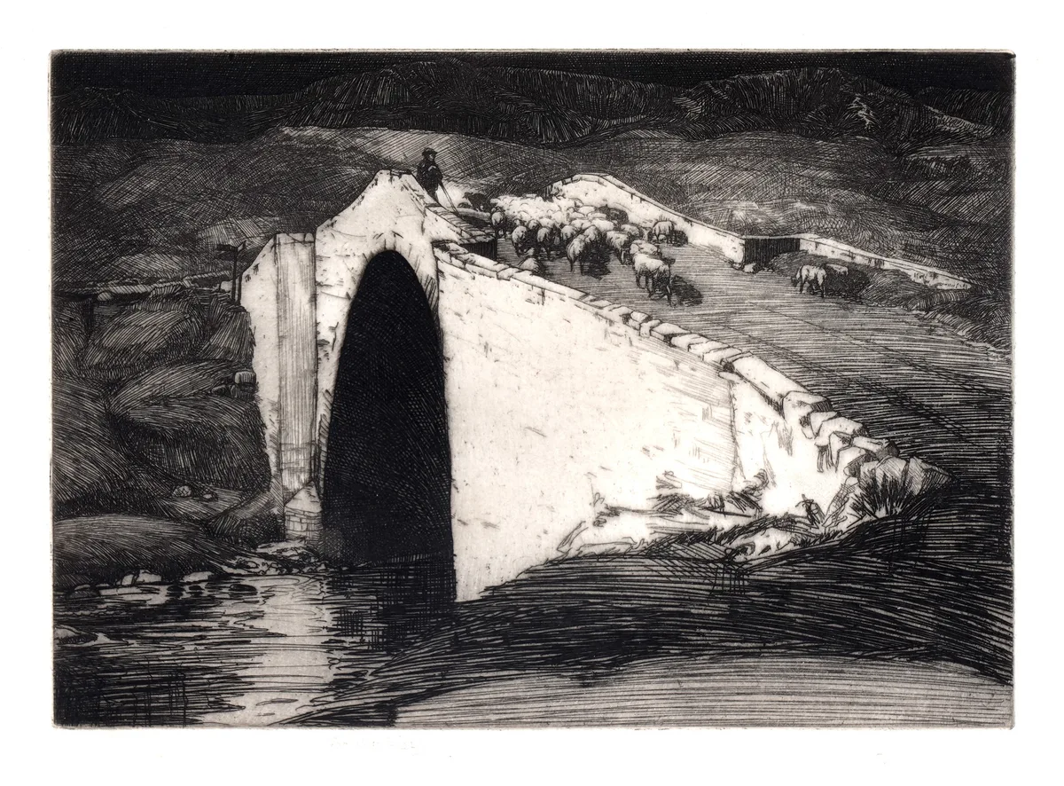 George Marples, Shepherd with a flock crossing the bridge, pencil signed