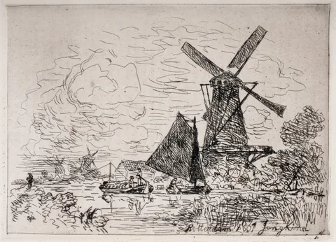 Johan Jongkind, Moulins en Hollande, etching