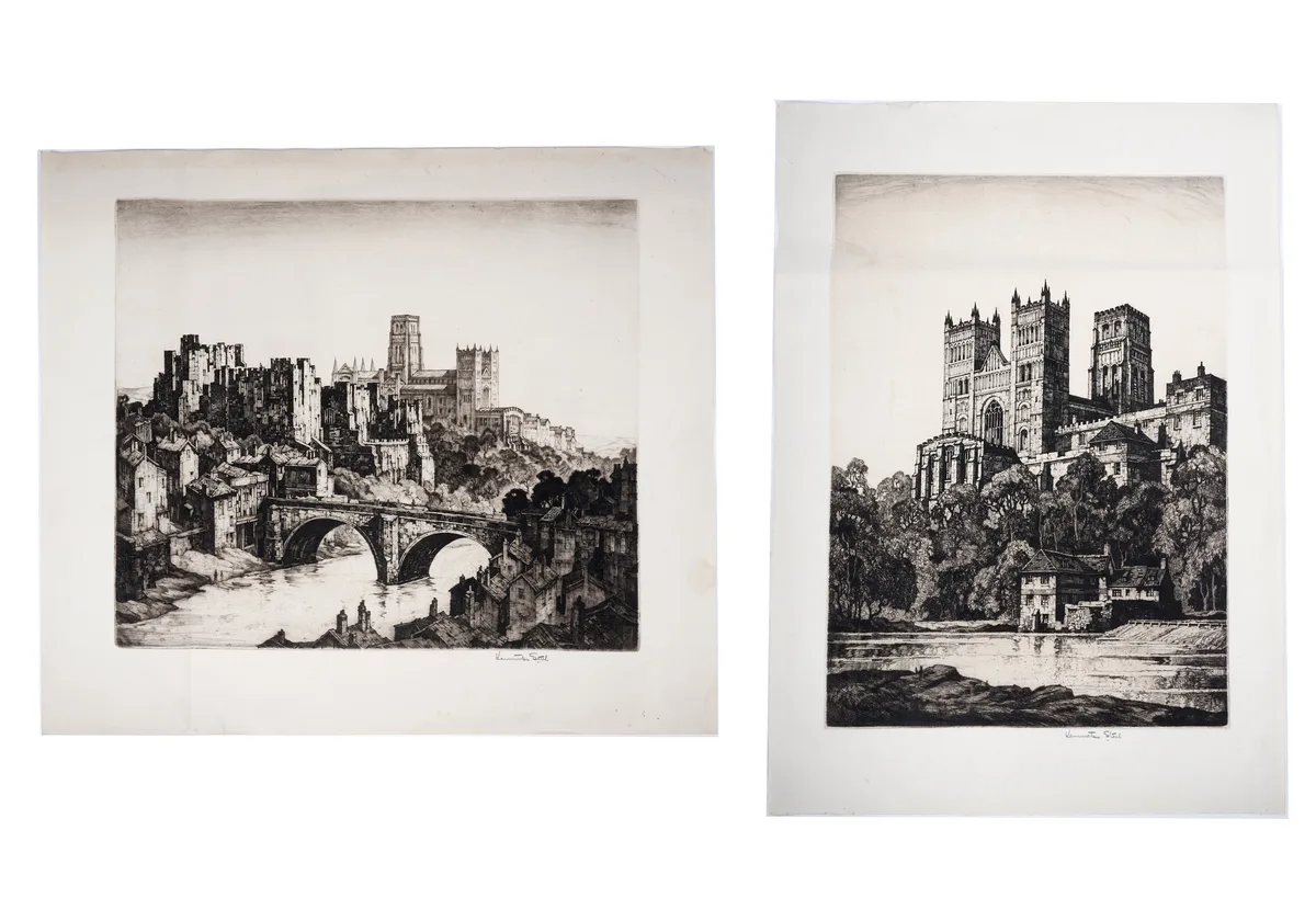 Two views of Durham by Kenneth Steel, pencil signed to the margin, sold Oct 2025