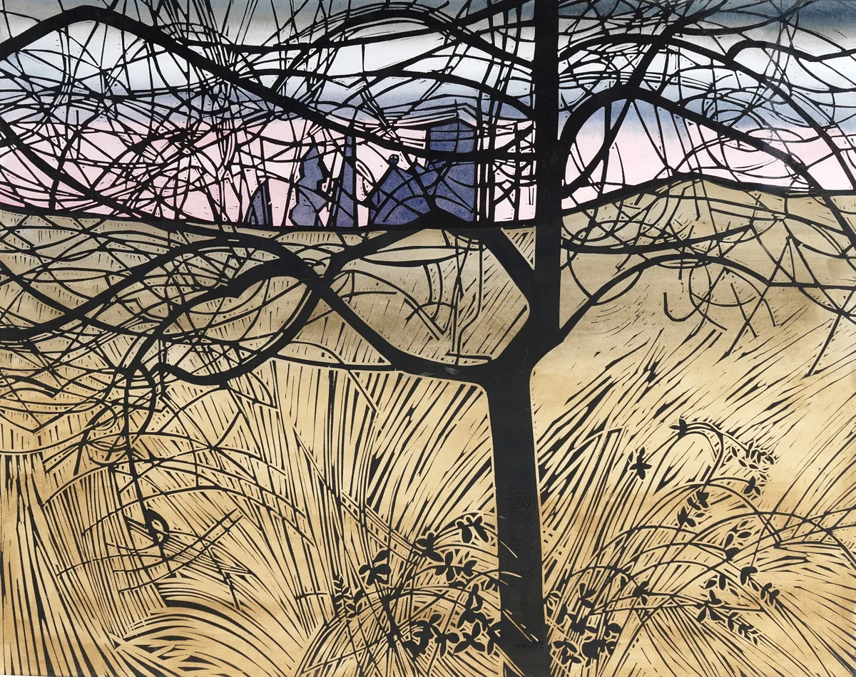 Nicholas Barnham, Strethall Church & Apple Tree, linocut and watercolour