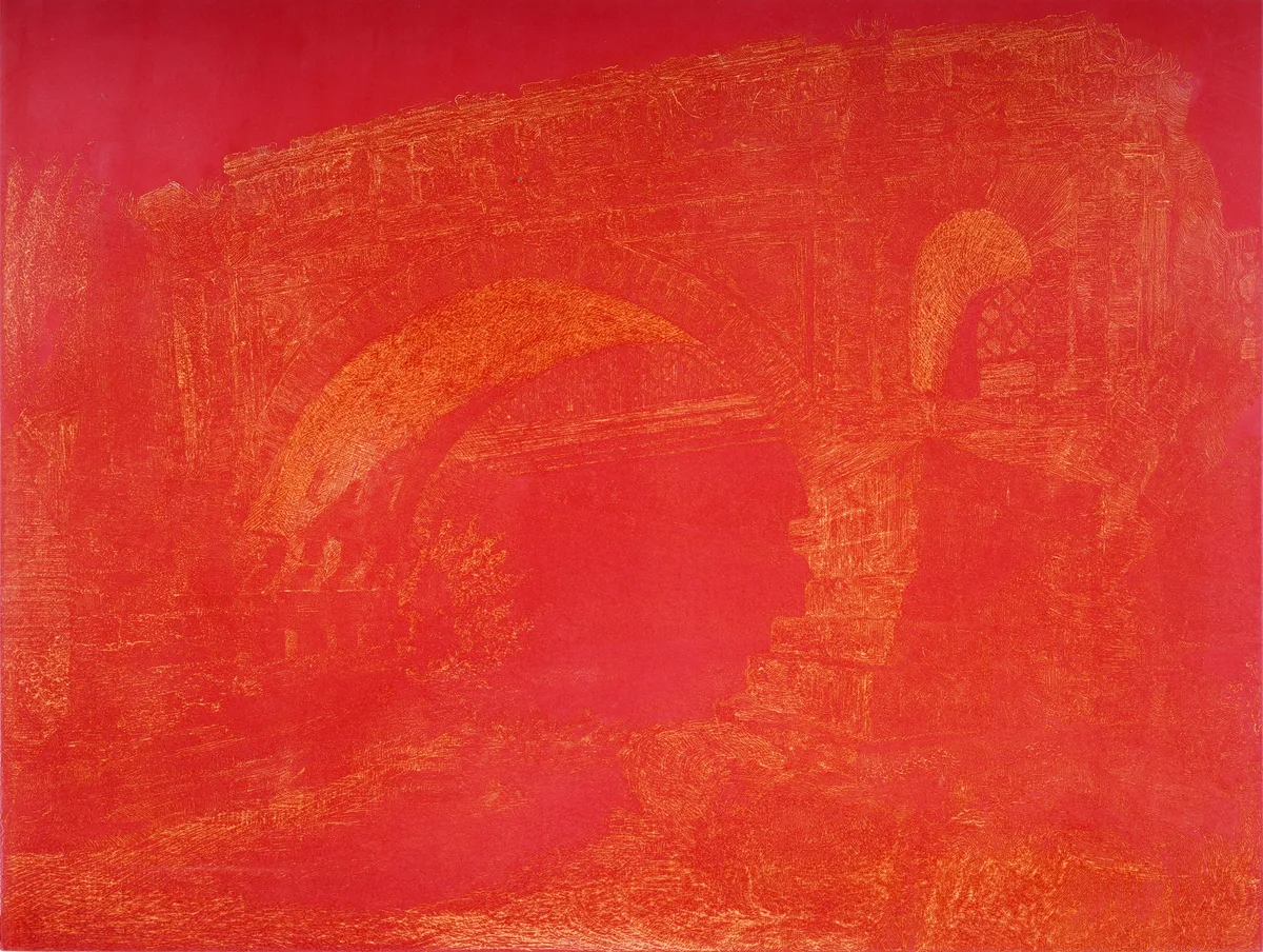 Paul Hawdon, Ponte Rotto, etching on yellow ground, 1/1