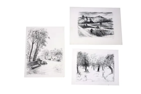 Robert Lotiron, Three landscape views, pencil signed to the margin