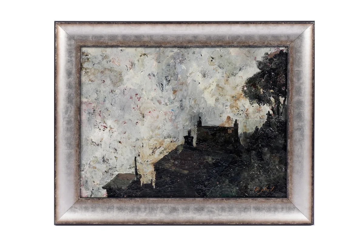 Frederick England, Cottages and Shed by Mow Cop, Staffordshire, oil on board