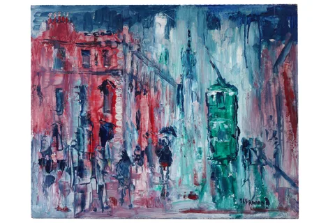 James Lawrence Isherwood, Rain, Union St. Aberdeen, oil on board