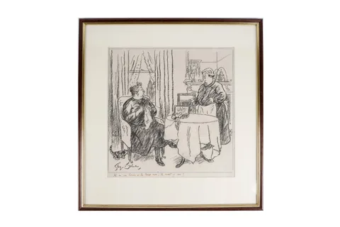 George Belcher, It's no use turning on the news now, the worst is over!, charcoal drawing