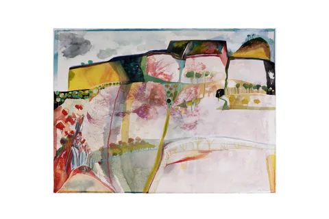 Escarpment in Mallorca by Robin Richmond, mixed media on paper, sold Aug 2025