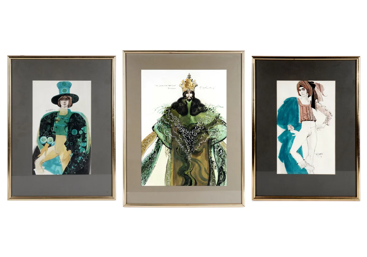 John Hogarth, Three theatre costume studies, watercolour, gouache and ink