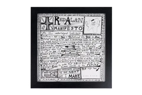 Sir Grayson Perry, Red Alan Manifesto, digital print on tissue paper