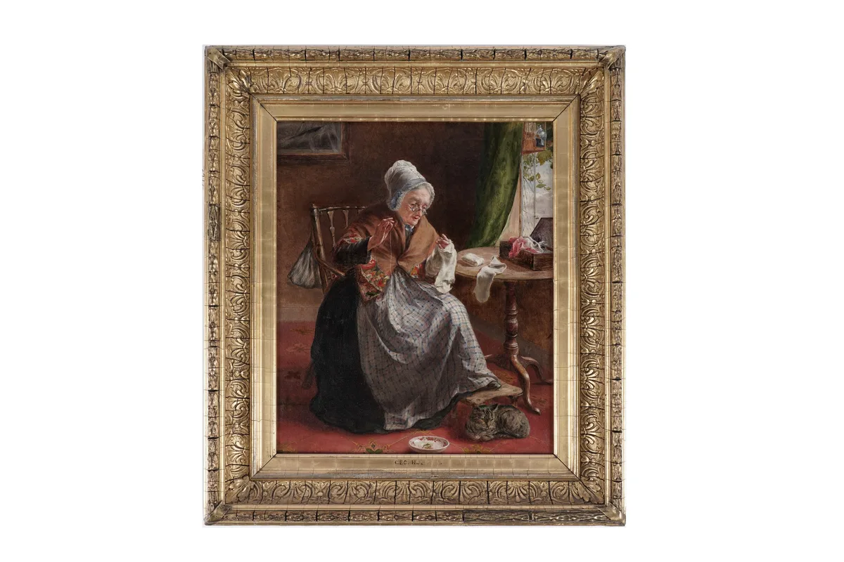 George Augustus Holmes, Darning Socks, oil on canvas