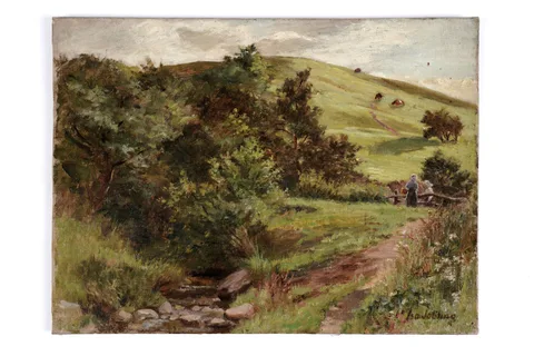 Isa Jobling, Young Fishergirls Beside a Fence, oil on board