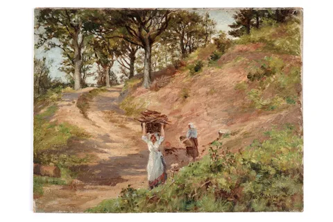 Isa Jobling, Staithes Girls Gathering Sticks, oil on board