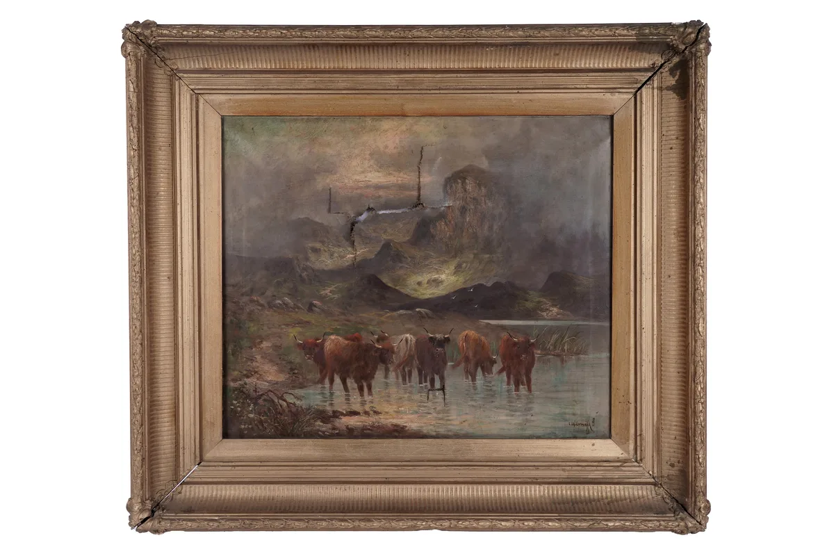 Charles Walter Oswald, Highland cattle in a Scottish loch, oil on canvas