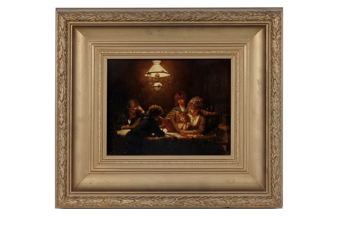 Edward Carlton, A family reading, evening, oil on canvas