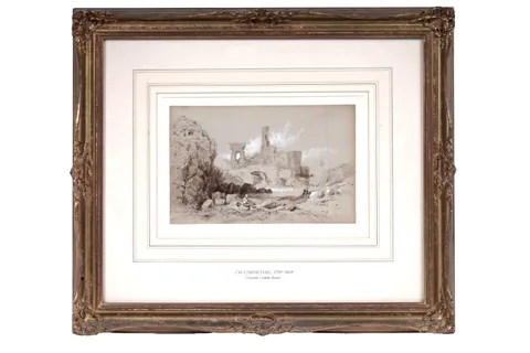 James Wilson Carmichael, Coastal Castle Ruins, pencil drawing and sepia wash