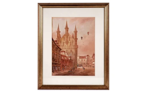 E. Nevil, Louvain with hot air balloons, watercolour