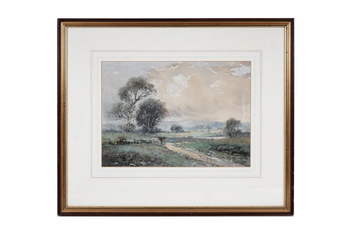 William Ashton, Farm with horses looking toward a church, watercolour and gouache